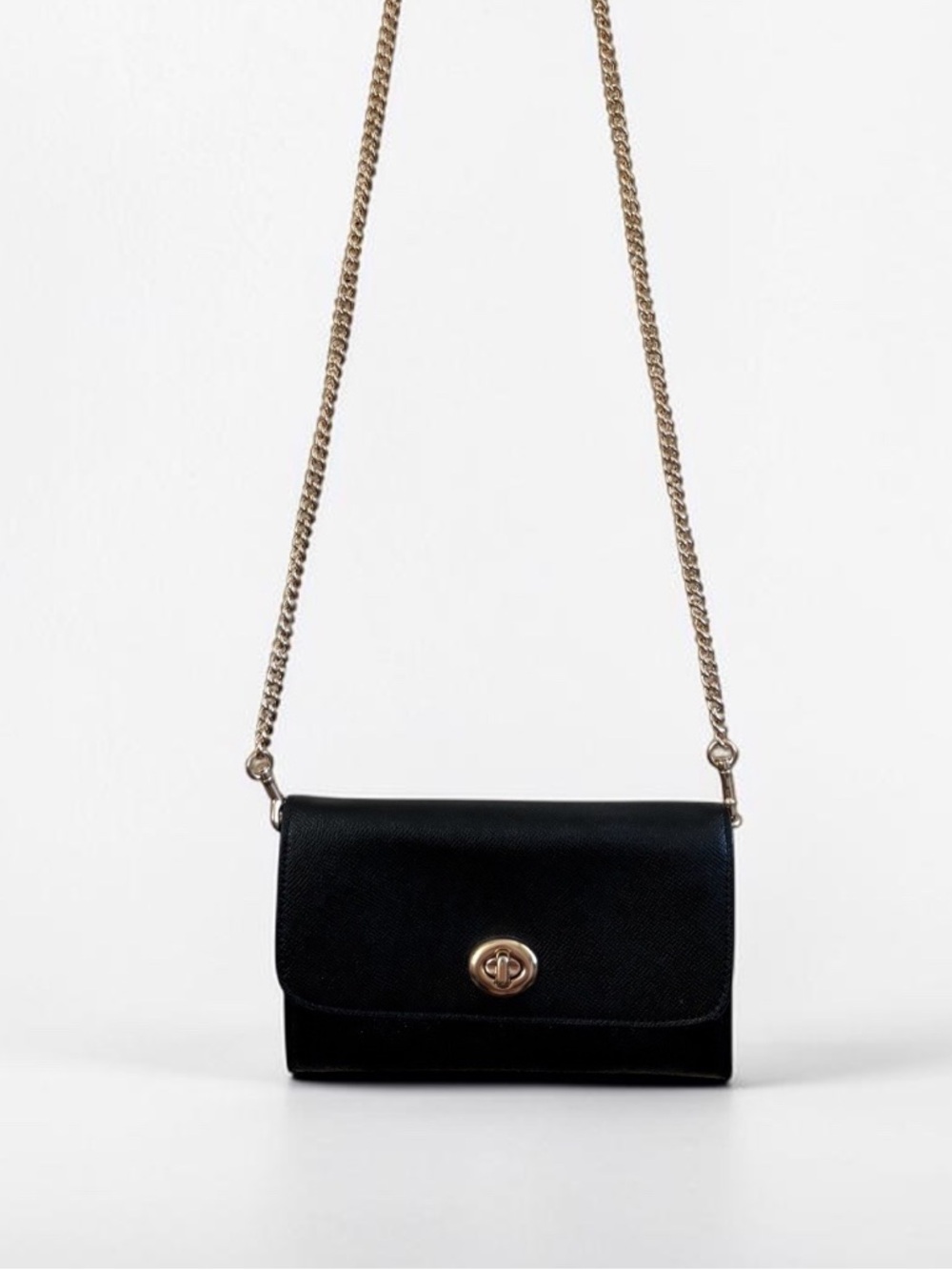 Coach Black Leather Crossbody Clutch Wallet Gold Chain Strap